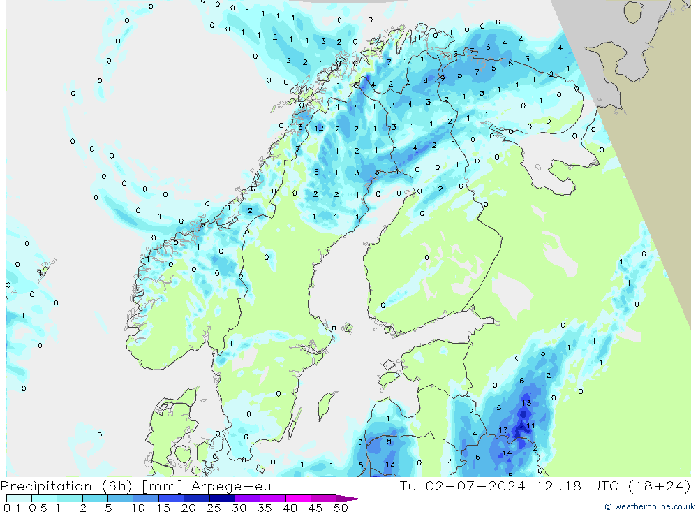 降水量 (6h) Arpege-eu 星期二 02.07.2024 18 UTC