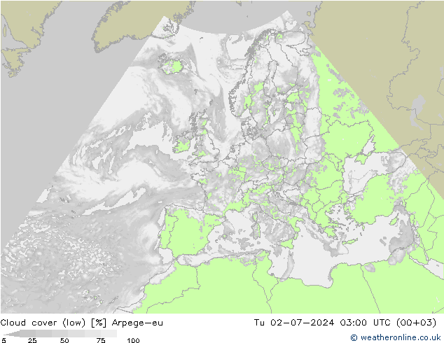 Bewolking (Laag) Arpege-eu di 02.07.2024 03 UTC