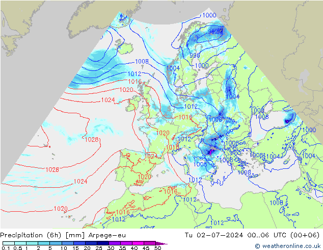 Totale neerslag (6h) Arpege-eu di 02.07.2024 06 UTC