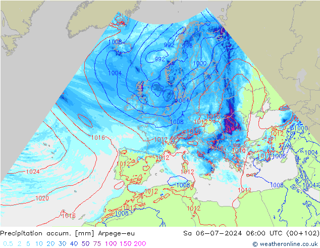 Totale neerslag Arpege-eu za 06.07.2024 06 UTC