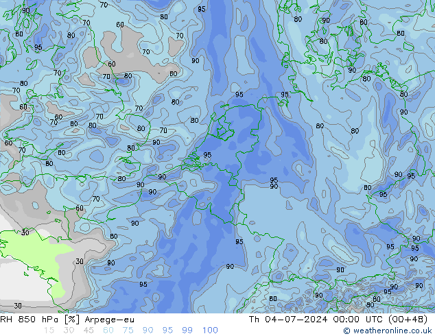 RH 850 hPa Arpege-eu 星期四 04.07.2024 00 UTC