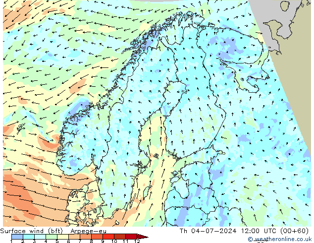 Wind 10 m (bft) Arpege-eu do 04.07.2024 12 UTC