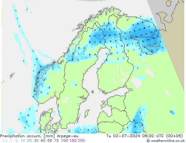 Precipitation accum. Arpege-eu 星期二 02.07.2024 06 UTC