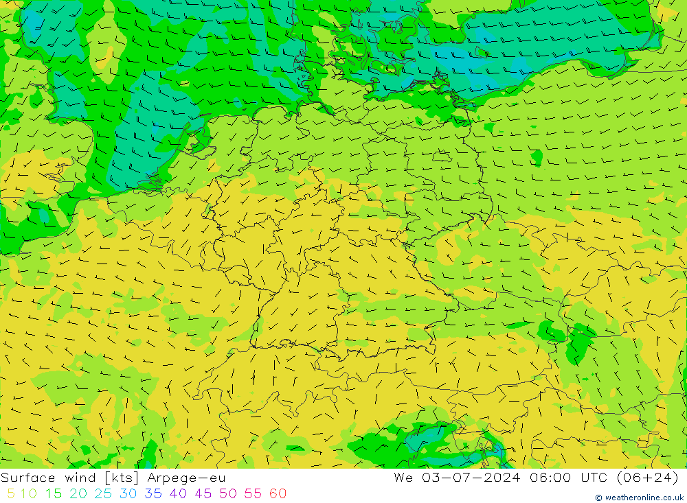 Wind 10 m Arpege-eu wo 03.07.2024 06 UTC