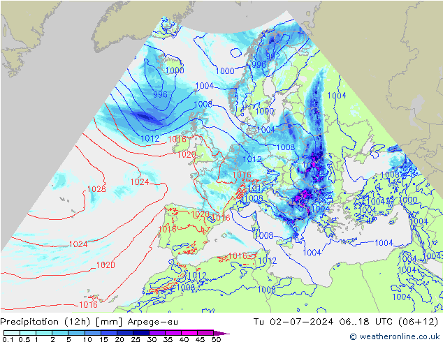 降水量 (12h) Arpege-eu 星期二 02.07.2024 18 UTC