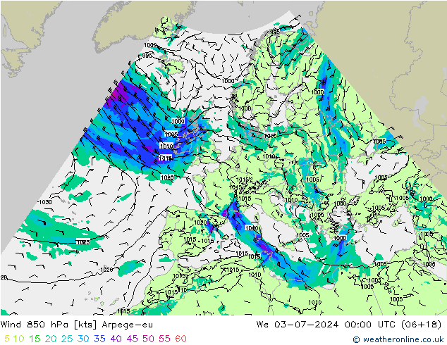 Wind 850 hPa Arpege-eu wo 03.07.2024 00 UTC