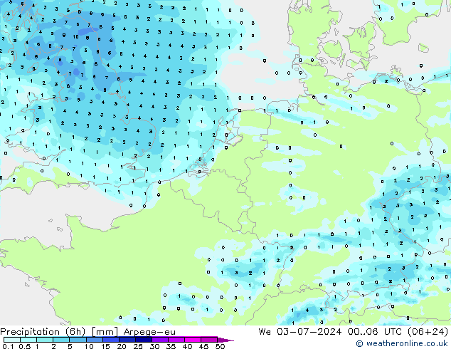 降水量 (6h) Arpege-eu 星期三 03.07.2024 06 UTC