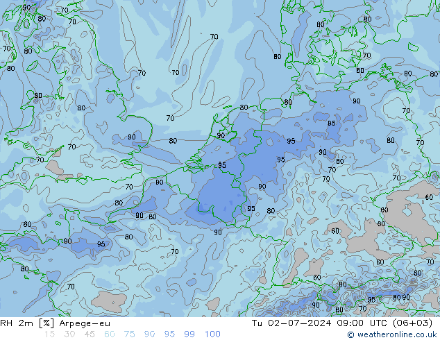 RH 2m Arpege-eu 星期二 02.07.2024 09 UTC
