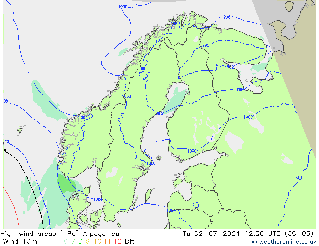 High wind areas Arpege-eu 星期二 02.07.2024 12 UTC