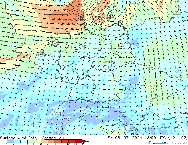 Wind 10 m (bft) Arpege-eu za 06.07.2024 18 UTC
