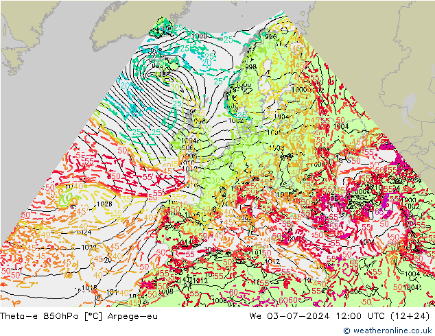 Theta-e 850hPa Arpege-eu 星期三 03.07.2024 12 UTC