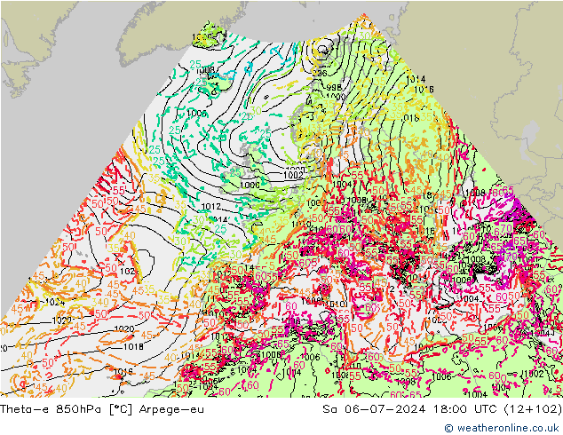 Theta-e 850hPa Arpege-eu za 06.07.2024 18 UTC