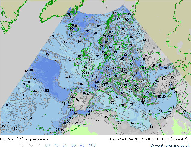 RH 2m Arpege-eu 星期四 04.07.2024 06 UTC
