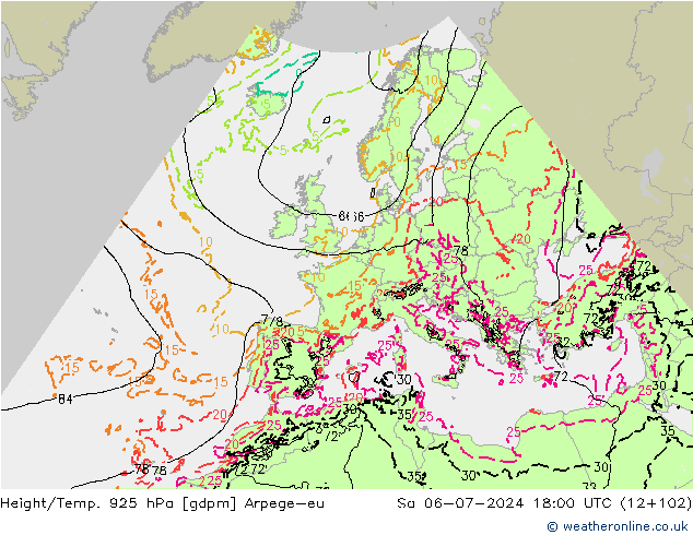 Hoogte/Temp. 925 hPa Arpege-eu za 06.07.2024 18 UTC