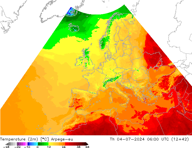 Temperatuurkaart (2m) Arpege-eu do 04.07.2024 06 UTC