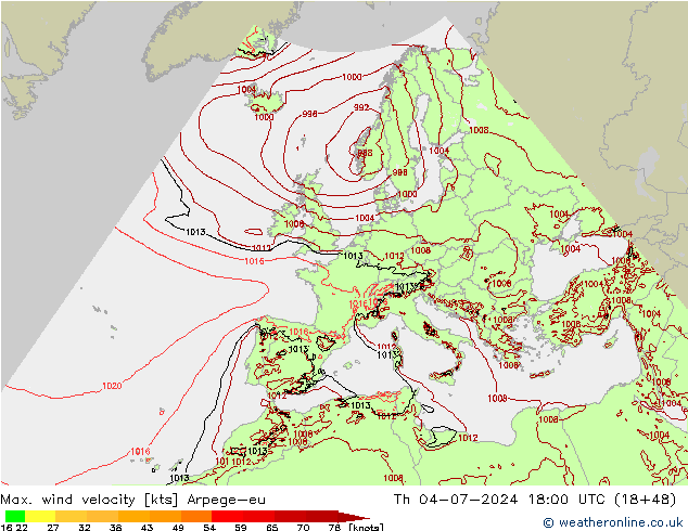 Max. wind snelheid Arpege-eu do 04.07.2024 18 UTC