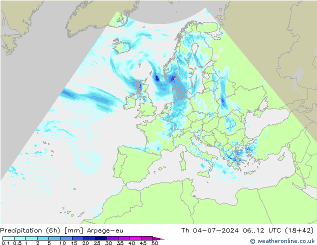 降水量 (6h) Arpege-eu 星期四 04.07.2024 12 UTC