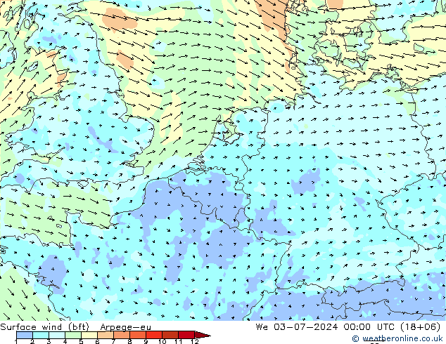 Wind 10 m (bft) Arpege-eu wo 03.07.2024 00 UTC
