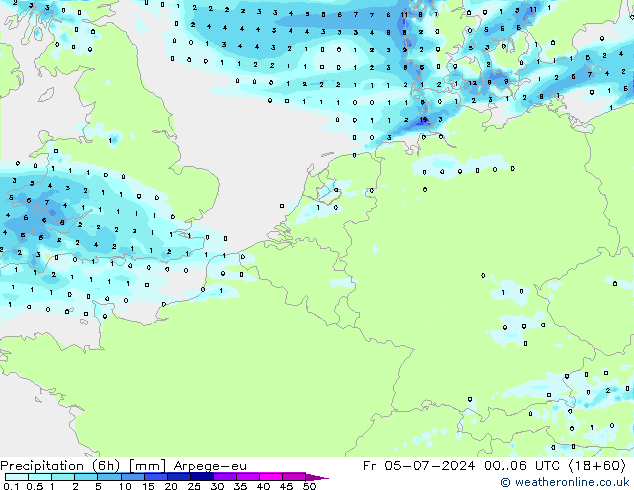降水量 (6h) Arpege-eu 星期五 05.07.2024 06 UTC