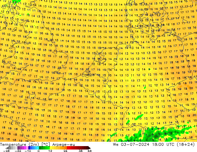 Temperatuurkaart (2m) Arpege-eu wo 03.07.2024 18 UTC