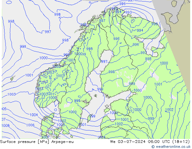 地面气压 Arpege-eu 星期三 03.07.2024 06 UTC