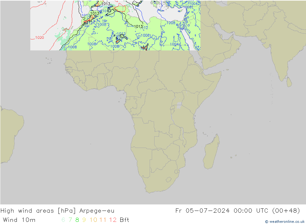 Windvelden Arpege-eu vr 05.07.2024 00 UTC
