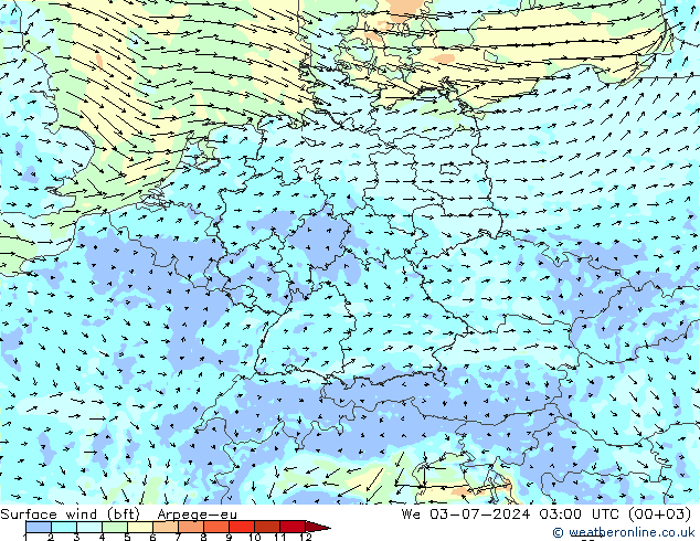 �N 10 米 (bft) Arpege-eu 星期三 03.07.2024 03 UTC