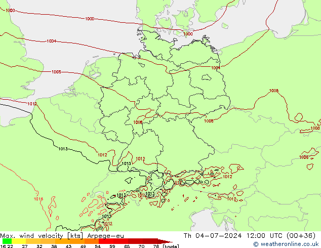 Max. wind snelheid Arpege-eu do 04.07.2024 12 UTC