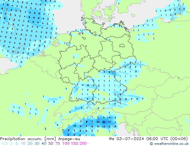 Totale neerslag Arpege-eu wo 03.07.2024 06 UTC