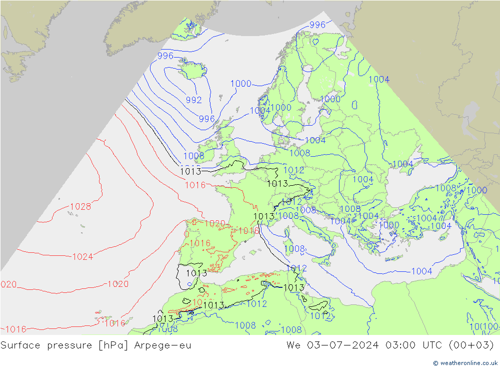 地面气压 Arpege-eu 星期三 03.07.2024 03 UTC