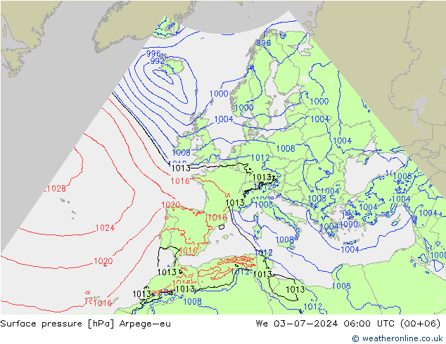 地面气压 Arpege-eu 星期三 03.07.2024 06 UTC