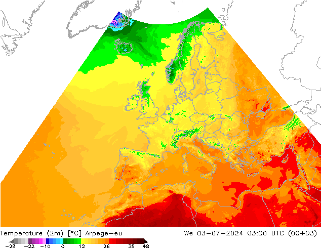 Temperatuurkaart (2m) Arpege-eu wo 03.07.2024 03 UTC