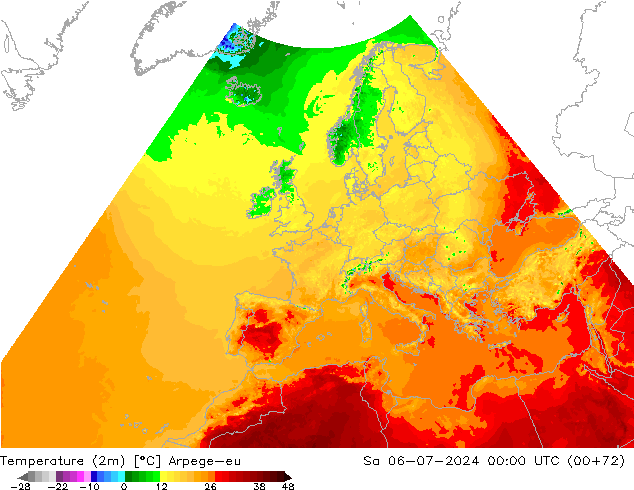 Temperatuurkaart (2m) Arpege-eu za 06.07.2024 00 UTC