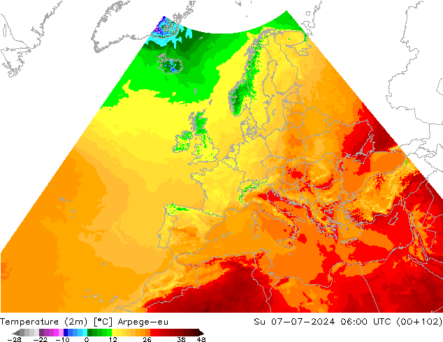 Temperatuurkaart (2m) Arpege-eu zo 07.07.2024 06 UTC