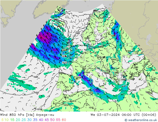 Wind 850 hPa Arpege-eu wo 03.07.2024 06 UTC