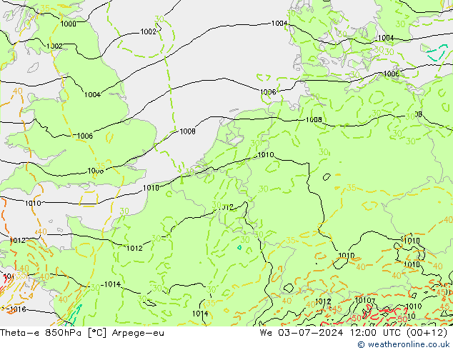 Theta-e 850hPa Arpege-eu wo 03.07.2024 12 UTC