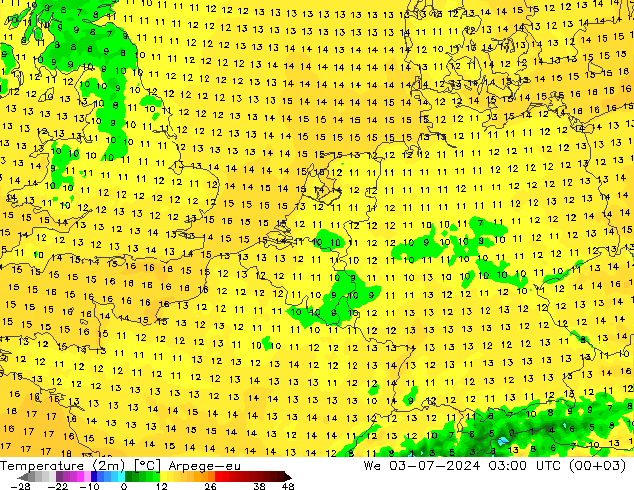温度图 Arpege-eu 星期三 03.07.2024 03 UTC