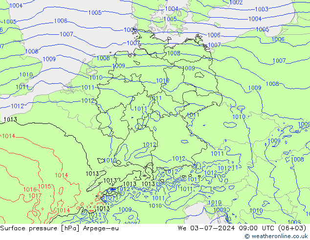 地面气压 Arpege-eu 星期三 03.07.2024 09 UTC