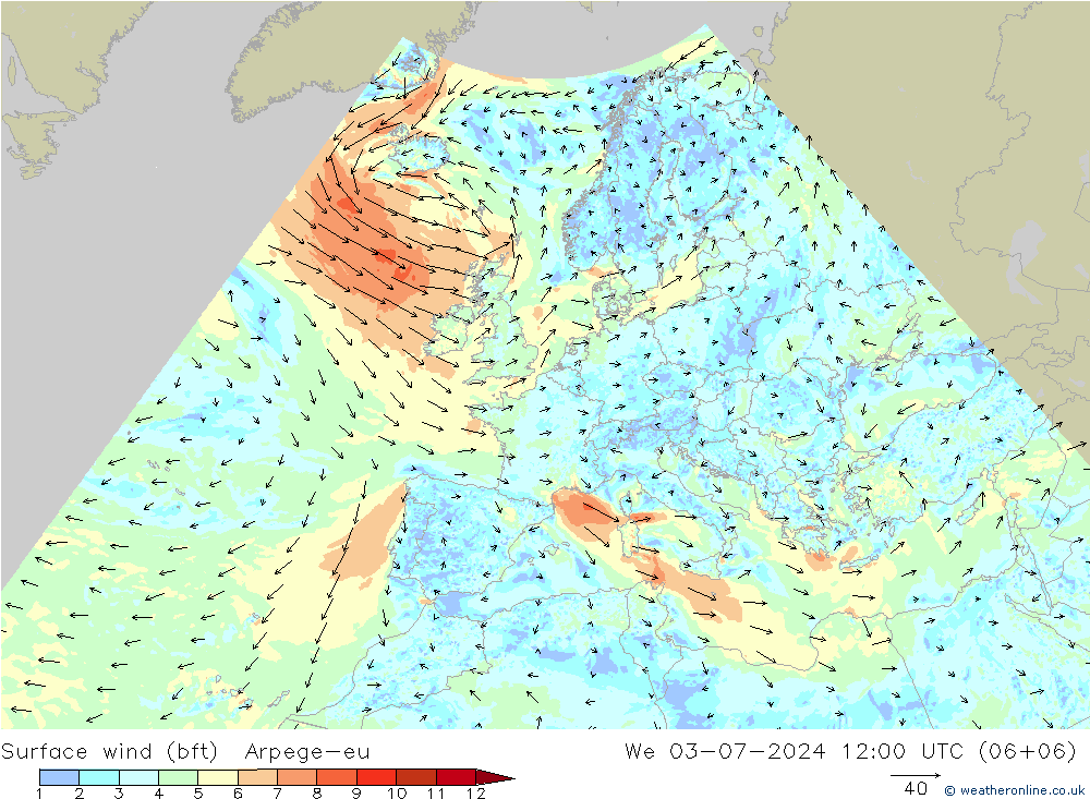 Wind 10 m (bft) Arpege-eu wo 03.07.2024 12 UTC