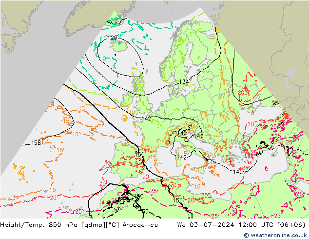 Height/Temp. 850 hPa Arpege-eu 星期三 03.07.2024 12 UTC