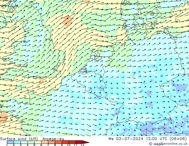 Wind 10 m (bft) Arpege-eu wo 03.07.2024 12 UTC