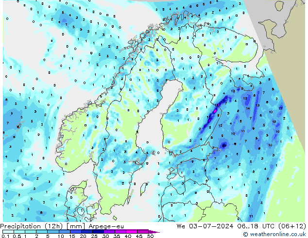 降水量 (12h) Arpege-eu 星期三 03.07.2024 18 UTC