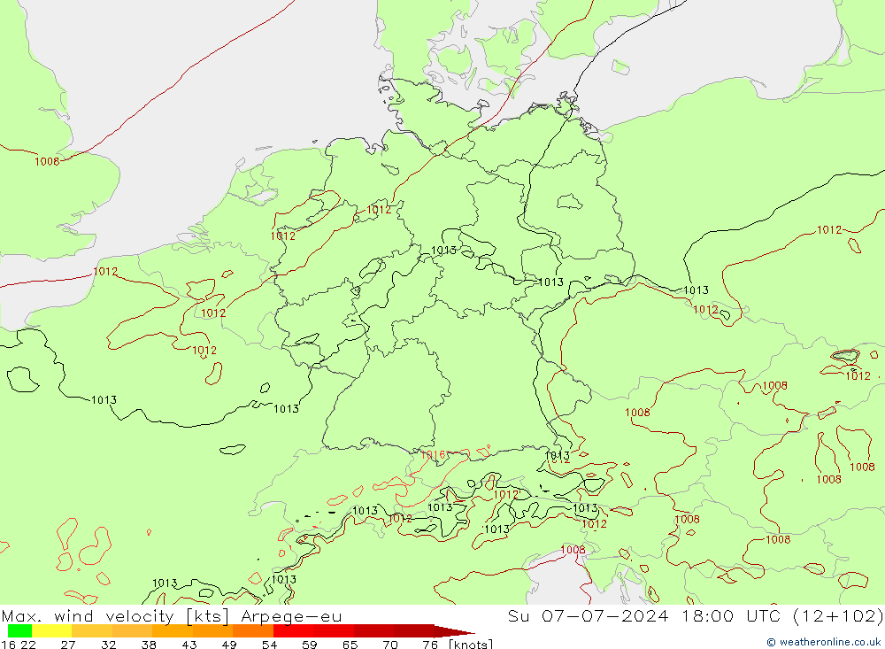 Max. wind snelheid Arpege-eu zo 07.07.2024 18 UTC