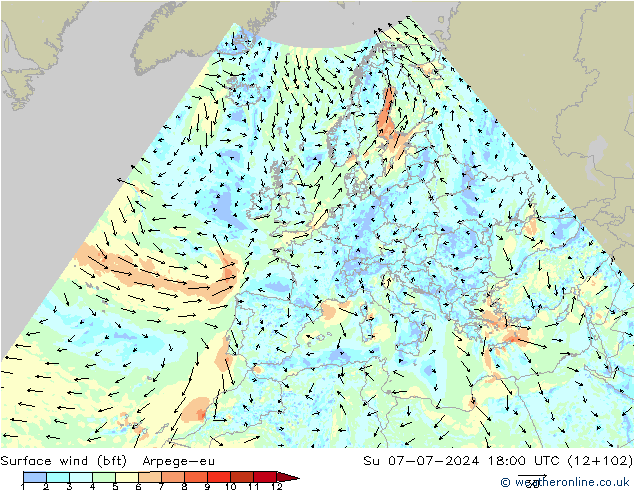 Wind 10 m (bft) Arpege-eu zo 07.07.2024 18 UTC