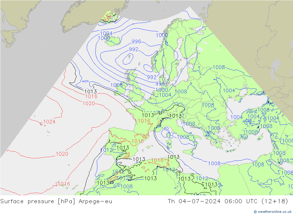 地面气压 Arpege-eu 星期四 04.07.2024 06 UTC