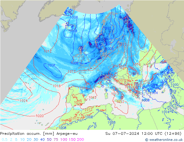Totale neerslag Arpege-eu zo 07.07.2024 12 UTC