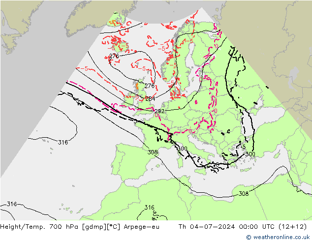 Height/Temp. 700 hPa Arpege-eu 星期四 04.07.2024 00 UTC