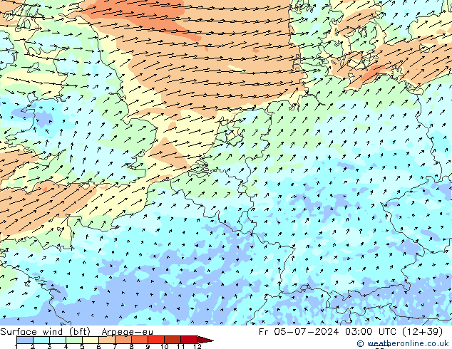 Wind 10 m (bft) Arpege-eu vr 05.07.2024 03 UTC