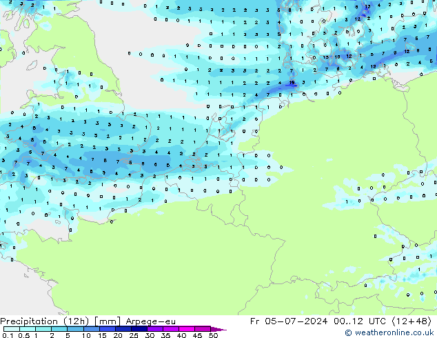 降水量 (12h) Arpege-eu 星期五 05.07.2024 12 UTC
