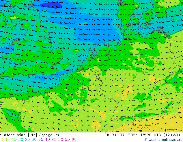 Wind 10 m Arpege-eu do 04.07.2024 18 UTC